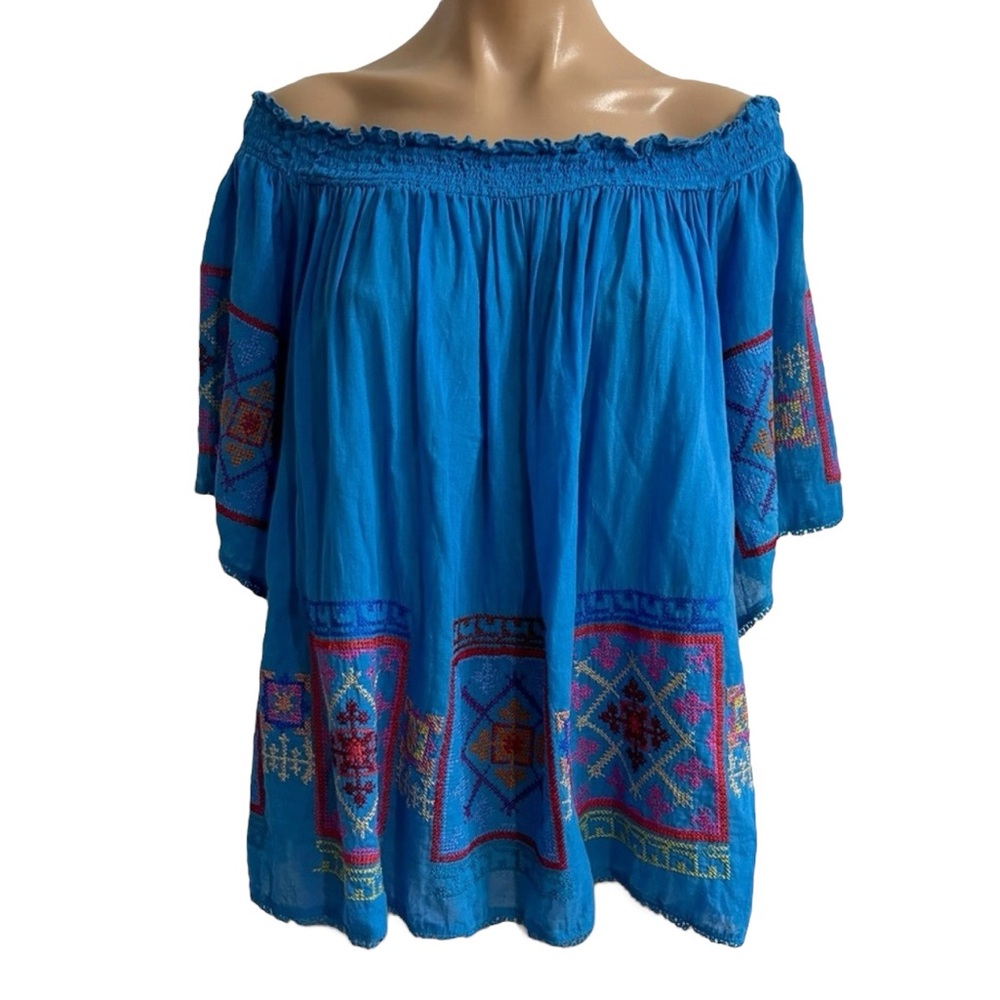 ANTHROPOLOGIE RUBY YAYA CROSS STITCH BLUE OFF THE SHOULDER TOP SZ M